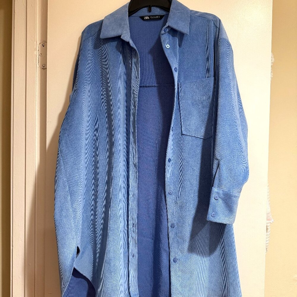 Zara oversized extra long blue button- up women velvet shirt